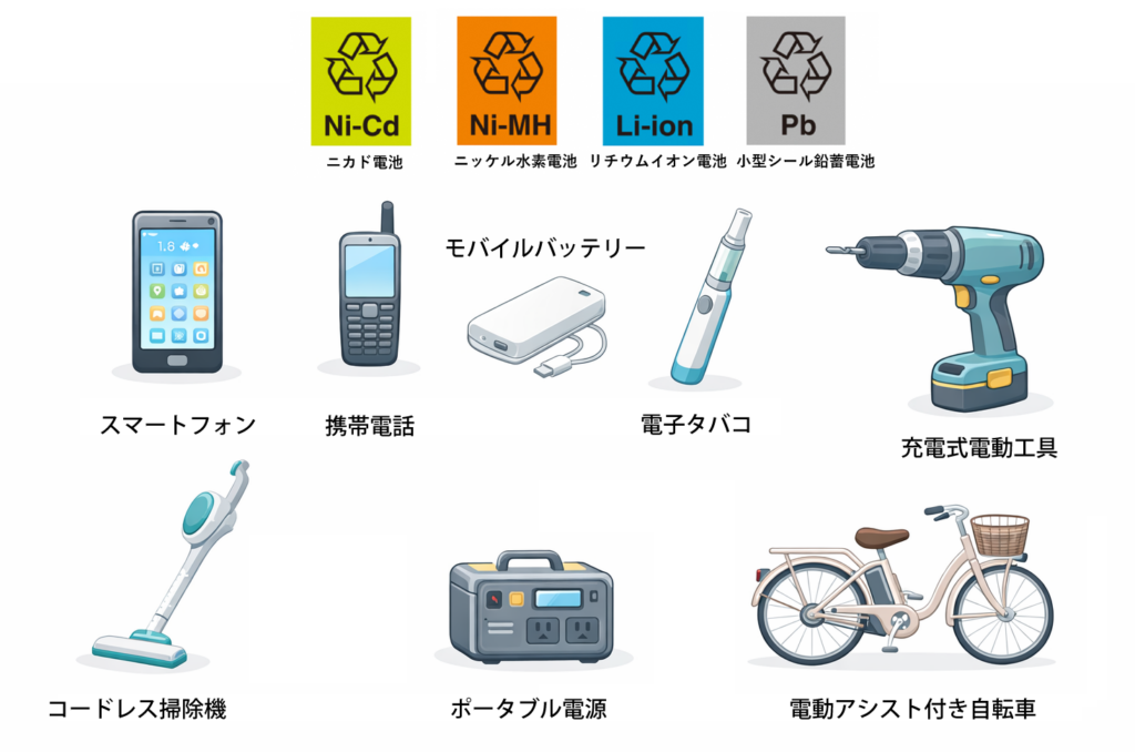 リチウムイオン電池などの電池種類と、スマートフォン・モバイルバッテリー・電動工具など電池を使用する機器の例